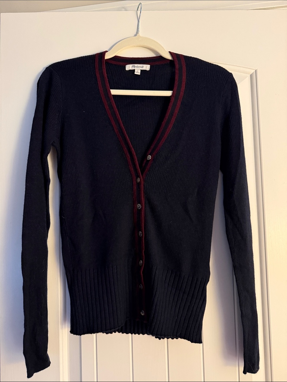 Madewell v-neck cardigan in merino silk blend navy with burgundy trim